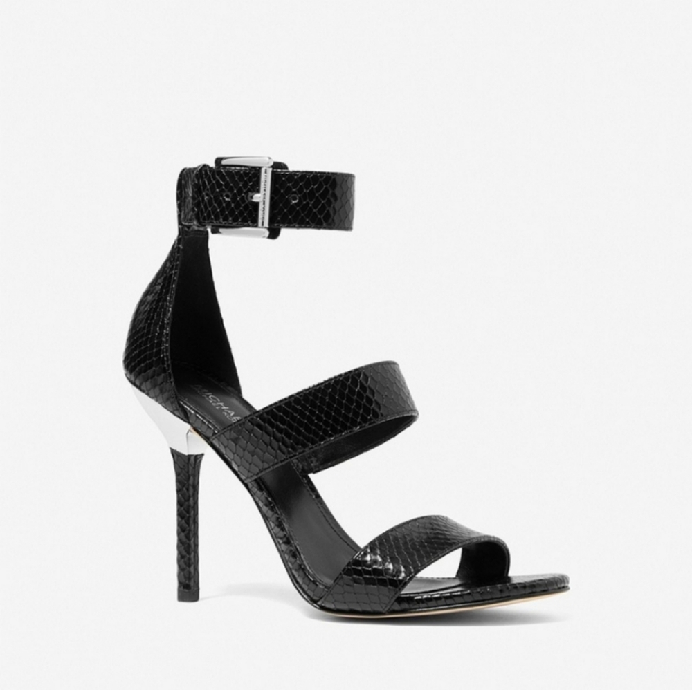 New MK MICHAEL KORS Amal Snake EmbossedLeather Sandals Heels Black Size 9.5.